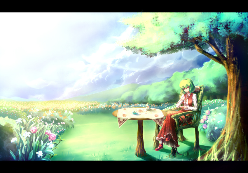 ascot byakusouya chair commentary_request crossed_legs cup female field flower flower_field green_hair highres kazami_yuuka letterboxed long_skirt nature plaid plaid_skirt plaid_vest plant red_eyes short_hair sitting skirt skirt_set solo table teacup teapot touhou tree vest vines