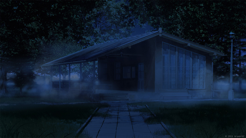 arsenixc bad_id bad_pixiv_id bench blue_theme building collaboration dark deck_(architecture) door everlasting_summer fog grass house lamppost nature night no_humans original outdoors photorealistic pine_tree realistic scenery shade sunlight tree vvcephei window