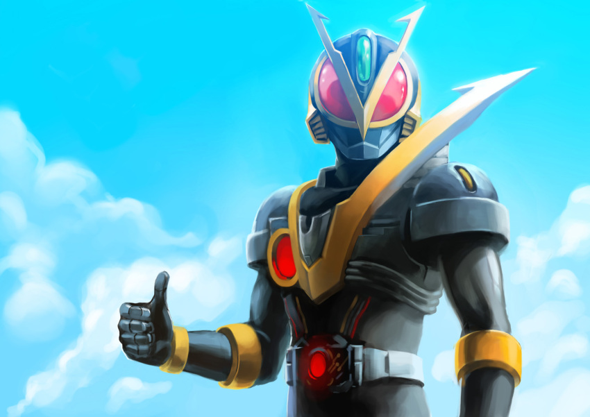 1boy belt cloud commentary_request day highres kamen_rider kamen_rider_ov male_focus matchin original photoshop_(medium) sky solo thumbs_up