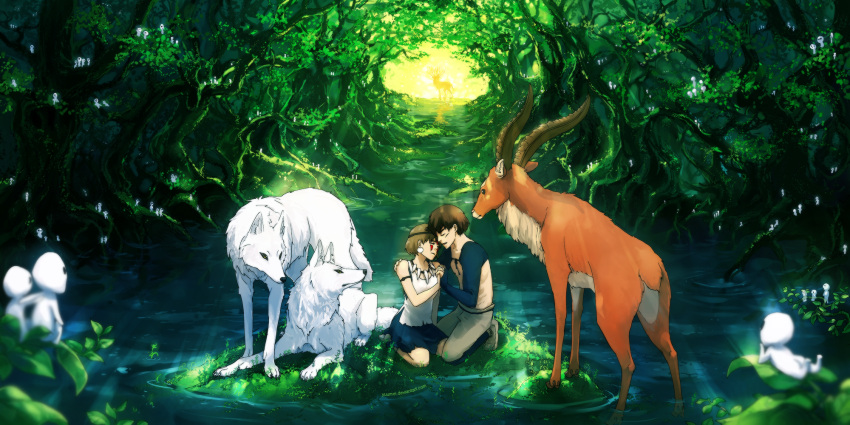 1boy animal ashitaka commentary couple deer elk female forest highres kodama light_rays mononoke_hime moro_no_ichizoku nature outdoors san_(mononoke_hime) scenery shishigami_(mononoke_hime) straight sunbeam sunlight tree water wolf yakul yuumei