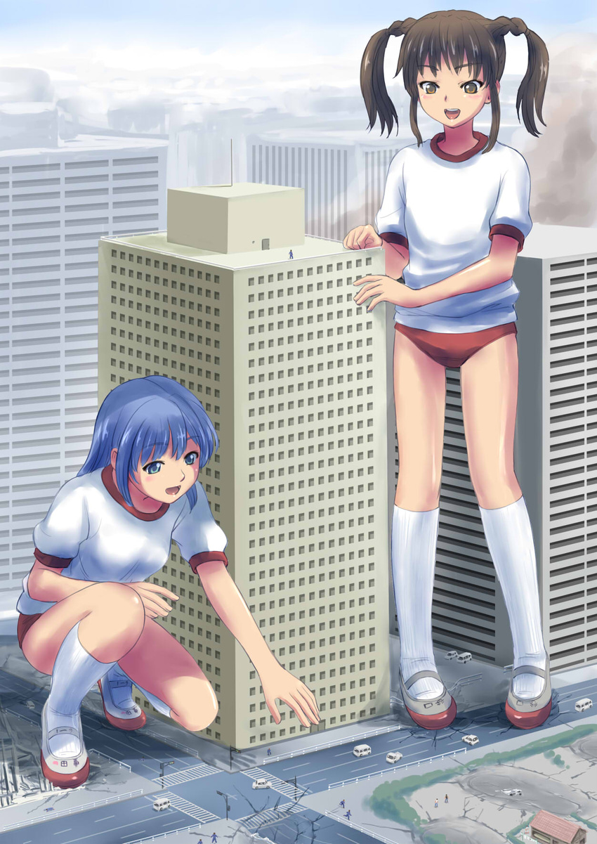 2girls :d bad_id bad_pixiv_id blue_eyes blue_hair braid brown_eyes brown_hair building buruma car commentary_request copyright_request giant giantess gym_uniform highres kneehighs manzi motor_vehicle multiple_girls open_mouth reaching rooftop shoes smile socks squatting twin_braids twintails uwabaki white_legwear