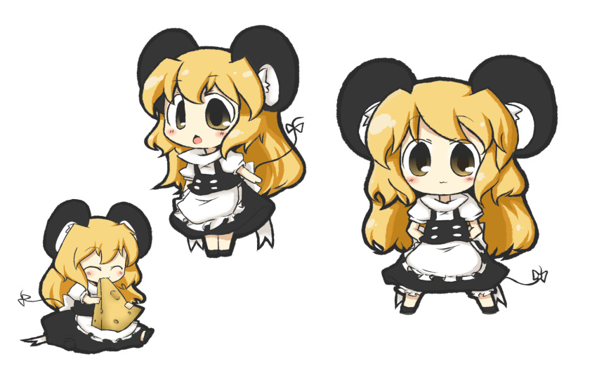 :3 animal_ears bad_id bad_pixiv_id black_dress blonde_hair blush cheese chibi closed_eyes dress eating female food hands_on_own_hips highres kemonomimi_mode kirisame_marisa mouse_ears mouse_marisa_(yuasan) mouse_tail multiple_views open_mouth sitting standing tail touhou yellow_eyes yuasan