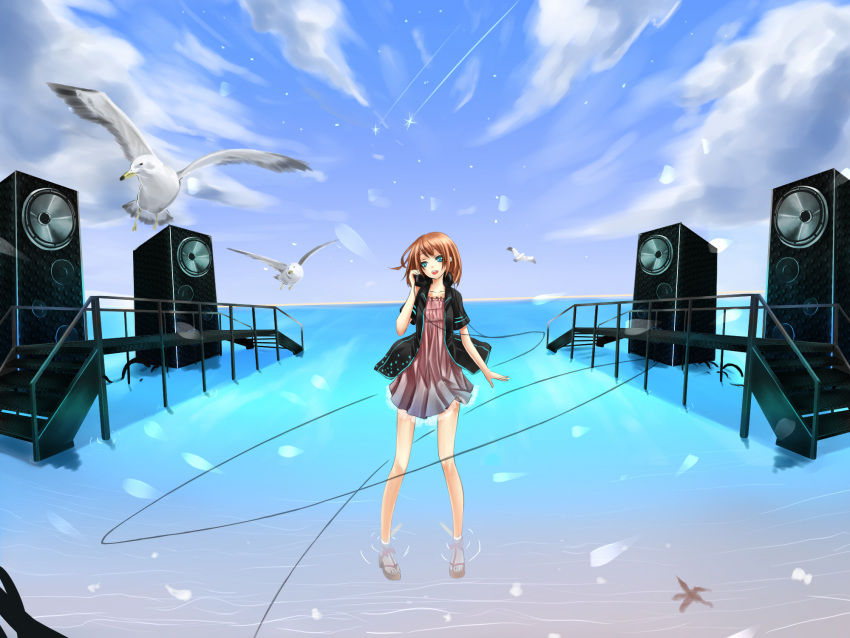 bad_id bad_nicoseiga_id bird blue_eyes brown_hair cloud day dress female headphones headphones_around_neck highres open_mouth original reio_reio seagull shooting_star short_hair sky solo speaker standing wading water