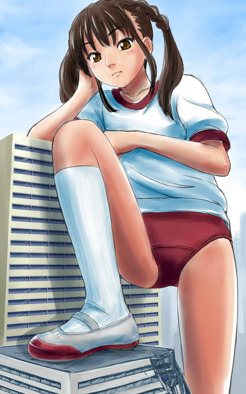 bad_id bad_pixiv_id braid brown_eyes brown_hair building buruma commentary_request copyright_request female frown giant giantess gym_uniform highres kneehighs leg_up manzi red_buruma shoes socks solo twintails uwabaki white_socks