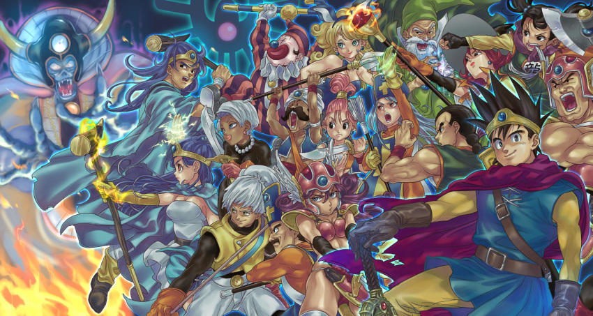 6+boys 6+girls animal_ears armor axe bikini_armor black_hair blue_hair cane cape commentary_request cutlass dragon_quest dragon_quest_iii electricity erdrick's_sword fighter_(dq3) fire gloves hat helmet hero_(dq3) holding holding_weapon jester_(dq3) kine knife mace mage_(dq3) mallet mamemo_(daifuku_mame) merchant_(dq3) multiple_boys multiple_girls pink_hair polearm priest_(dq3) purple_hair rabbit_ears roto_(dq3) sage_(dq3) soldier_(dq3) spear staff sword thief_(dq3) weapon white_hair wizard_hat zoma