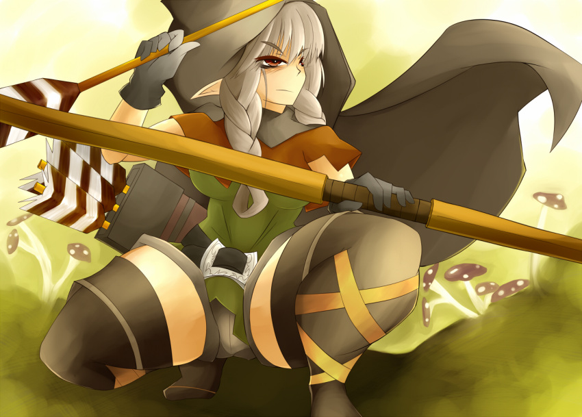 arrow_(projectile) belt boots bow_(weapon) braid cloak commentary_request dragon's_crown elf elf_(dragon's_crown) female gloves grey_shorts hood pointy_ears shorts solo thick_thighs thigh_boots thighhighs thighs twin_braids weapon yae_(snosui7)