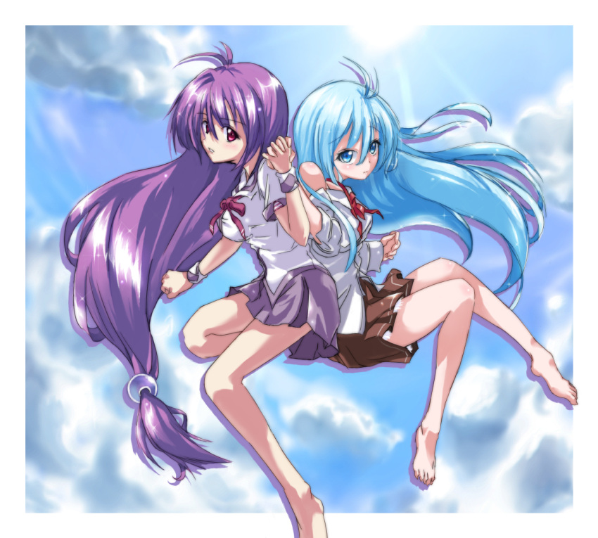 2girls ahoge back-to-back barefoot blue_eyes blue_hair breasts commentary_request crossover denpa_onna_to_seishun_otoko feet holding_hands interlocked_fingers iriya_kana iriya_no_sora_ufo_no_natsu legs long_hair low-tied_long_hair medium_breasts multiple_girls negresco outside_border pleated_skirt purple_hair red_eyes school_uniform skirt sleeves_pushed_up touwa_erio trait_connection very_long_hair