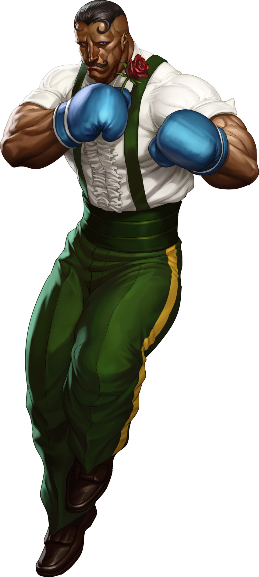 1boy absurdres black_hair boxing_gloves dark-skinned_male dark_skin dudley facial_hair flower frills handlebar_mustache highres male_focus manly moustache muscular photoshop_(medium) rose sleeves_rolled_up solo stanley_lau street_fighter street_fighter_iii_(series) suspenders