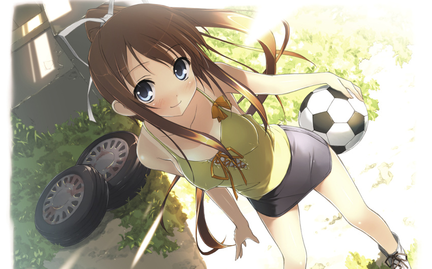 ball covered_nipples dutch_angle erect_nipples female highres kantoku miyazawa_midori natsu_no_ame ponytail ribbon shirt_tan soccer_ball solo tan tanline telstar wallpaper wheels