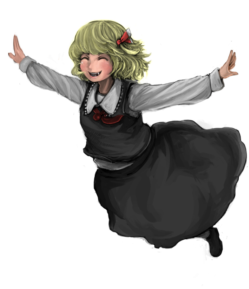 ^_^ blonde_hair blush closed_eyes commentary_request female flying grin hair_ribbon highres ma_nyan_(nyao_mao_nyao) oerba_yun_fang outstretched_arms ribbon rumia short_hair skirt skirt_set smile solo spread_arms touhou