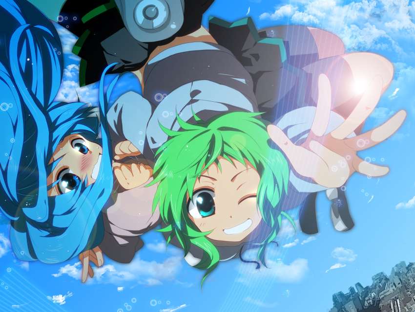 2girls acrophobia aqua_eyes aqua_hair commentary_request green_eyes green_hair gumi hatsune_miku long_hair marirero_a multiple_girls short_hair smile sweat very_long_hair vocaloid