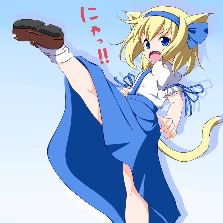 alice_margatroid alice_margatroid_(pc-98) animal_ears blonde_hair blue_eyes blue_hairband cat_ears cat_tail commentary_request female hairband highres kemonomimi_mode kicking leg_up nikku_(ra) nyan oerba_yun_fang solo tail touhou touhou_(pc-98) translated