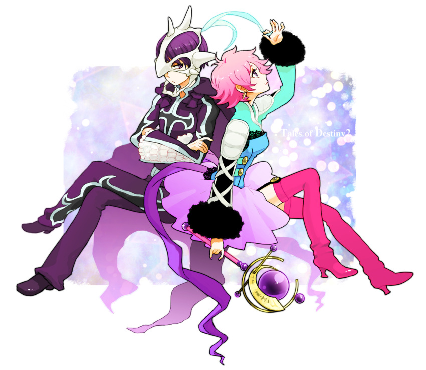 1boy ahoge animal_skull back-to-back boots coat commentary_request crossed_arms female full_body harold_berselius high_heels judas_(tales) messy_hair morisuke pants pink_footwear pink_hair pink_legwear profile purple_eyes purple_hair shoes short_hair skull_on_head smile staff tales_of_(series) tales_of_destiny_2 thighhighs