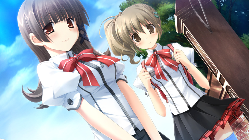 2girls bow bowtie brown_eyes brown_hair dutch_angle flipped_hair game_cg hair_ornament highres ikegami_akane looking_at_viewer makiya_kasumi makiya_sumika multiple_girls puffy_sleeves red_eyes school_uniform siblings side_ponytail sisters skirt smile with_ribbon