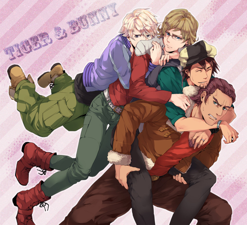 4boys antonio_lopez barnaby_brooks_jr. belt blonde_hair blue_eyes boots brown_eyes brown_hair cabbie_hat carrying chest_hair closed_eyes commentary_request glasses green_eyes hat highres ivan_karelin jacket kaburagi_t._kotetsu kamizawa_(sark) letterman_jacket male_focus multiple_boys necktie purple_eyes purple_jacket red_jacket studded_belt tiger_&_bunny v-neck vest