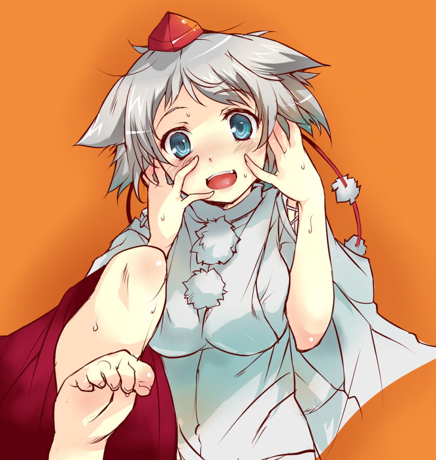 animal_ears barefoot blue_eyes blush commentary_request feet female grey_hair hands hat inubashiri_momiji open_mouth photoshop_(medium) short_hair soles solo toe_scrunch tokin_hat touhou wazakita wolf_ears