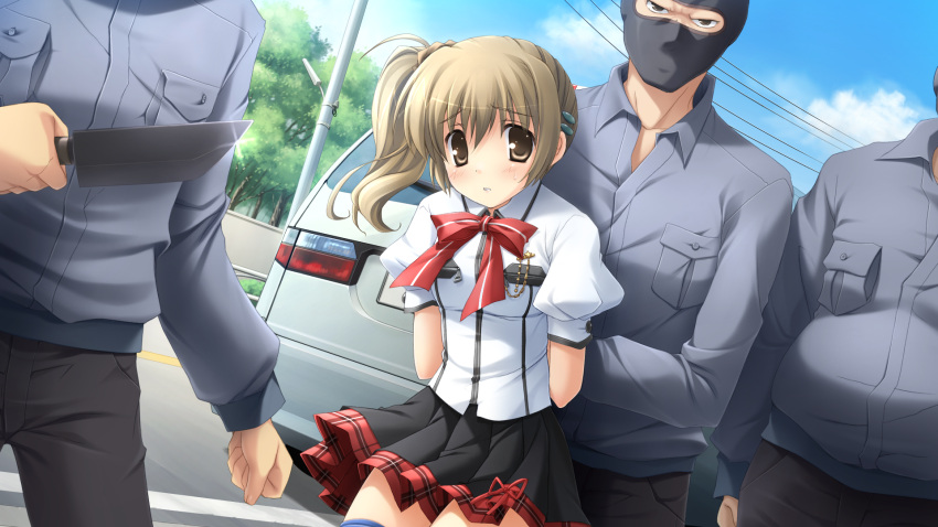 balaclava bow bowtie brown_eyes brown_hair female game_cg highres hostage ikegami_akane knife makiya_sumika motor_vehicle puffy_sleeves scared school_uniform side_ponytail skirt van with_ribbon