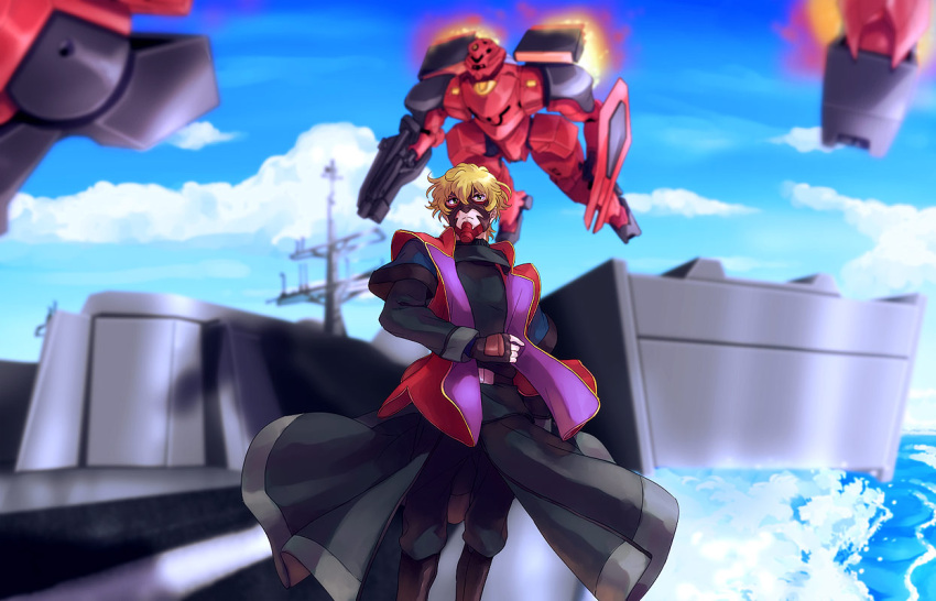 1boy blonde_hair boots cloud commentary_request day fingerless_gloves gloves graham_aker green_eyes gundam gundam_00 japanese_clothes male_focus mask mecha mister_bushido ocean partial_commentary robot sky solo unclek