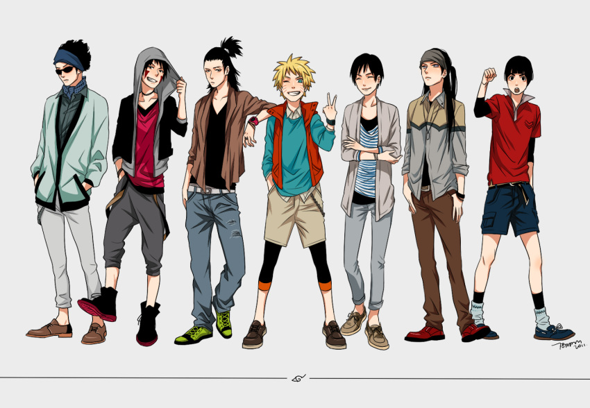 6+boys aburame_shino alternate_costume androgynous belt black_hair blonde_hair casual choker closed_eyes commentary_request contemporary facial_mark fashion full_body green_eyes grin hood hyuuga_neji inuzuka_kiba jewelry lineup long_hair male_focus multiple_boys nara_shikamaru naruto naruto_(series) naruto_shippuuden necklace ponytail rock_lee sai_(naruto) short_hair smile sunglasses temari114 uzumaki_naruto whisker_markings