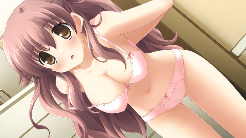 bra breasts brown_eyes brown_hair cleavage d: dressing female game_cg highres hosaka_hina ikegami_akane large_breasts leaning_forward lingerie navel open_mouth panties pink_bra pink_panties solo underwear underwear_only undressing with_ribbon