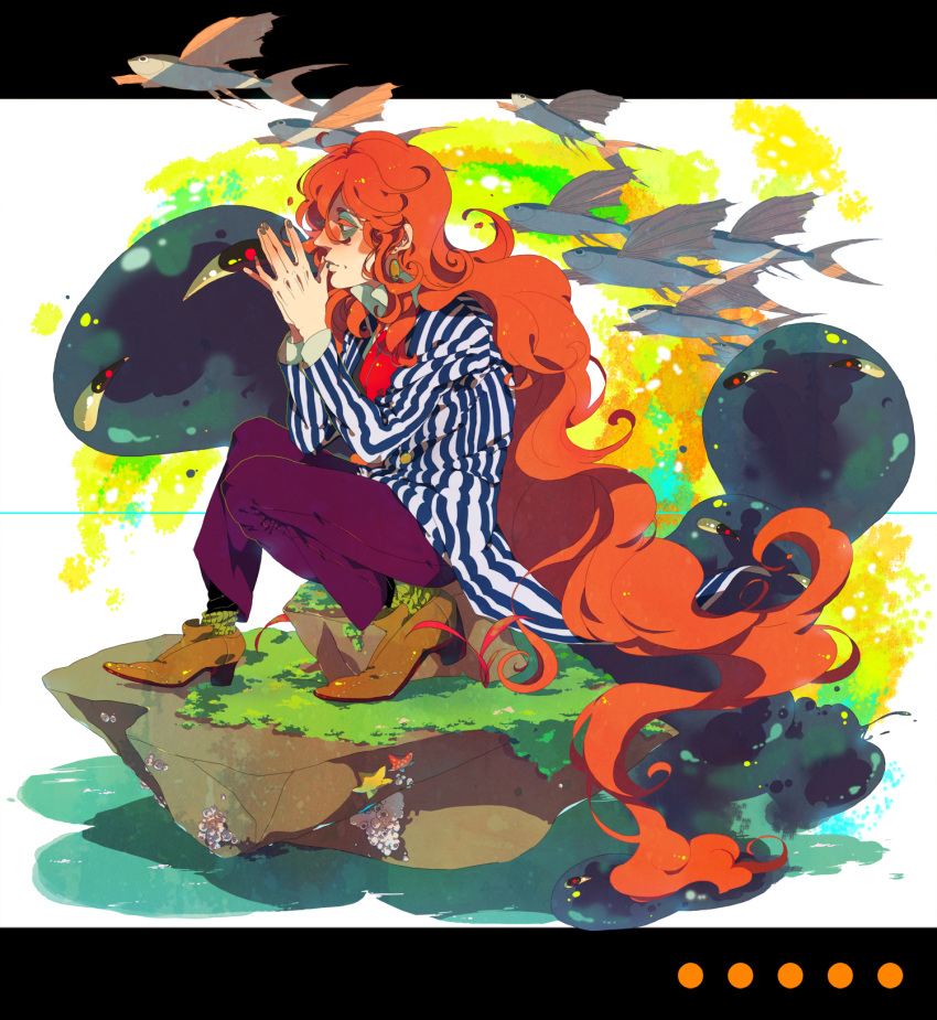 1boy bad_id bad_pixiv_id fish fujimoto_(ponyo) gake_no_ue_no_ponyo highres long_hair male_focus nshi red_hair sitting solo striped vertical_stripes very_long_hair wavy_hair