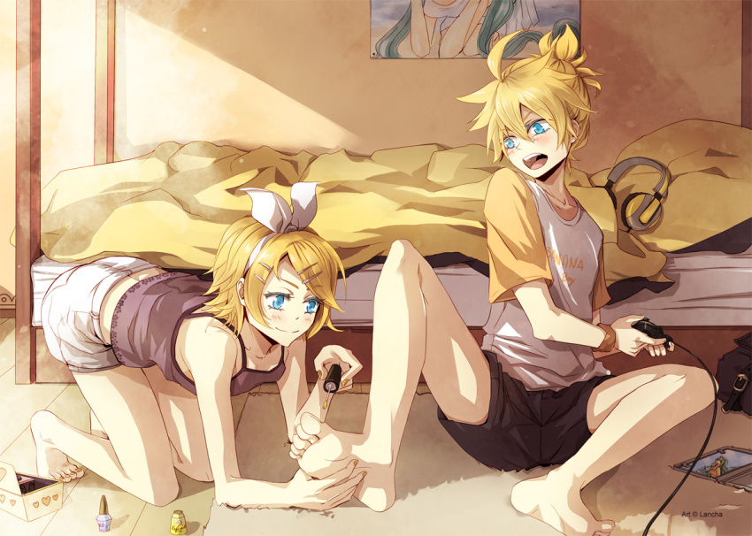 1boy ahoge barefoot blonde_hair blue_eyes blush casual commentary_request controller female game_controller hair_ornament hairclip headphones kagamine_len kagamine_rin lancha nail_polish open_mouth photoshop_(medium) poster_(object) ribbon short_hair toenail_polish toenails vocaloid