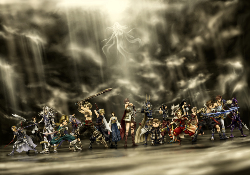 éclair_farron 6+boys 6+girls absurdres armor armpits bad_id bad_pixiv_id bare_shoulders bartz_klauser belt blonde_hair blue_eyes bow bow_(weapon) brown_hair cape cecil_harvey cloud_strife cosmos_(dff) dagger detached_sleeves dissidia_012_final_fantasy dissidia_final_fantasy dol_rotzu_(cirque07) dress everyone final_fantasy final_fantasy_5 final_fantasy_i final_fantasy_ii final_fantasy_iii final_fantasy_iv final_fantasy_ix final_fantasy_vi final_fantasy_vii final_fantasy_viii final_fantasy_x final_fantasy_xi final_fantasy_xii final_fantasy_xiii firion fraternity gauntlets gem gloves green_eyes grey_hair gunblade hair_bobbles hair_ornament hair_ribbon hat helmet highres horns in-franchise_crossover jewelry kain_highwind knife laguna_loire lance long_hair multiple_boys multiple_girls necklace onion_knight open_clothes open_shirt paladin_(final_fantasy) pointy_ears polearm ponytail prishe purple_hair ribbon scar shirt short_hair spiked_hair squall_leonhart staff sword tail terra_branford tidus tifa_lockhart time_paradox twintails vaan_(ff12) warrior_of_light_(ff1) weapon white_hair yuna_(ff10) zidane_tribal