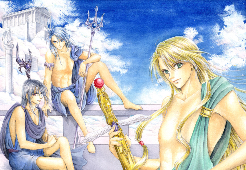 3boys black_hair blonde_hair blue_eyes blue_hair cloud commentary_request day greek_mythology green_eyes hades_(mythology) kaori_natsuki long_hair male_focus multiple_boys polearm poseidon_(mythology) red_eyes smile traditional_media trident weapon zeus_(mythology)