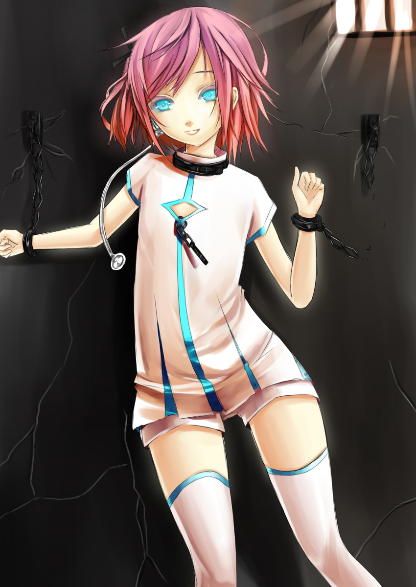 absurdres blue_eyes chained chains collar commentary_request cuffs female highres original pink_hair prison reio_reio shackles short_hair shorts smile solo thighhighs white_shorts white_thighhighs