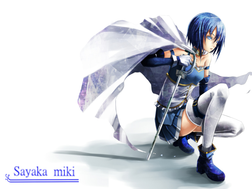 bad_id bad_pixiv_id bare_shoulders blue_eyes blue_hair boots cape detached_sleeves female gloves highres magical_girl mahou_shoujo_madoka_magica mahou_shoujo_madoka_magica_(anime) miki_sayaka miki_sayaka_(magical_girl) reio_reio short_hair skirt solo squatting sword thighhighs weapon white_thighhighs