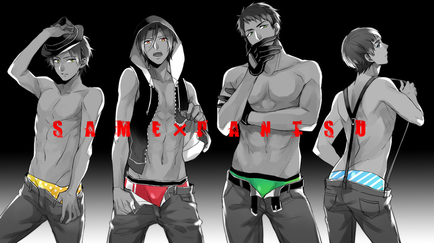 4boys bad_id bad_pixiv_id blue_eyes bulge free! gloves hat hood hooded_vest hoodie male_focus matsuoka_rin mikoshiba_momotarou monochrome multiple_boys nitori_aiichirou open_pants pants red_eyes sei_(hanibani) spot_color suspenders suspenders_pull topless_male underwear vest yamazaki_sousuke yellow_eyes