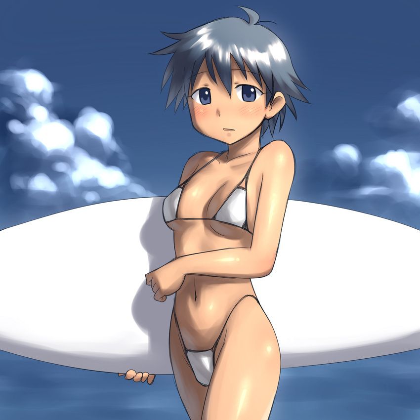 aaaa_(quad-a) bad_id bad_pixiv_id bikini blue_eyes blue_hair blush breasts cloud day female highleg highleg_bikini highleg_swimsuit highres holding holding_behind_back holding_surfboard medium_breasts navel saitou_nagisa shinryaku!_ikamusume short_hair sky solo surfboard swimsuit white_bikini