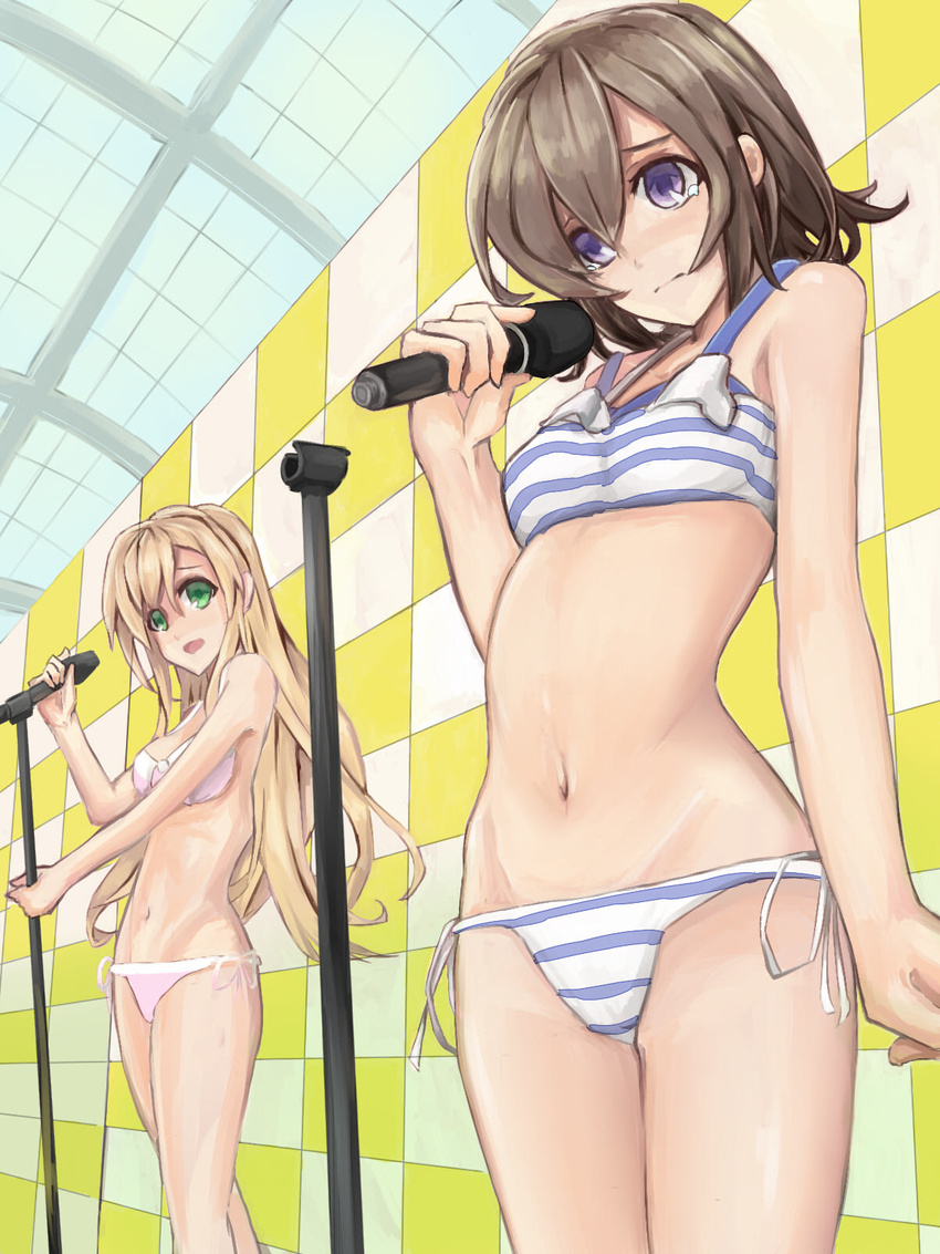 2girls :d bikini blonde_hair blush breasts brown_hair cleavage commentary_request futsuu_no_joshikousei_ga_locodol_yattemita green_eyes highres kohinata_yukari long_hair medium_breasts multiple_girls naitou_kirara navel open_mouth purple_eyes short_hair small_breasts smile swimsuit tears usami_nanako