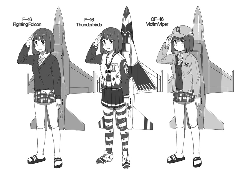 absurdres aircraft airplane anyan_(jooho) commentary_request drone f-16_(flight_highschool) f-16_fighting_falcon female flight_highschool frown greyscale hat highres jacket military monochrome multiple_persona necktie personification photoshop_(medium) qf-16_(flight_highschool) salute sandals shoes smile sneakers socks star_(symbol) striped_clothes striped_thighhighs sweater thighhighs thunderbirds_(team) united_states_air_force