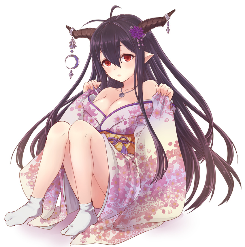 antenna_hair breasts cleavage commentary_request danua draph female floral_print granblue_fantasy hair_between_eyes highres horn_ornament horns isao_(wasamoti) large_breasts long_hair looking_at_viewer md5_mismatch open_mouth partial_commentary pointy_ears purple_hair red_eyes resolution_mismatch sitting sleeves_past_wrists solo source_smaller thighs wide_sleeves