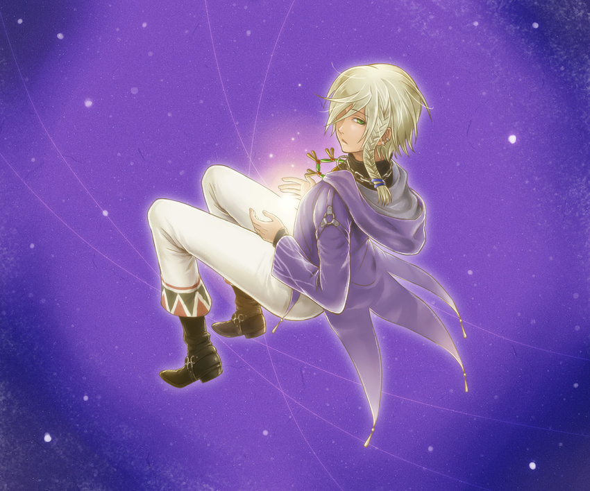 1boy asymmetrical_hair blonde_hair bokujou_monogatari bokujou_monogatari:_waku_waku_animal_march boots braid commentary_request earrings hal_(sakurajam) jewelry male_focus single_braid solo wizard_(bokujou_monogatari)