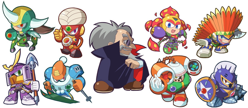 6+boys :d alternate_costume android angry arm_cannon axe beard blizzard_man blue_eyes brown_eyes cape centaur centaur_man chibi commentary_request dr._wily_(mega_man) electric_fan everyone evil_grin evil_smile facial_hair facial_mark fighting_stance flame_man forehead_jewel gloves green_eyes grey_hair grin hat headdress helmet horns kin_niku knight_man mace male_focus mega_man:_powered_up mega_man_(classic) mega_man_(series) mega_man_6 monocle monocle_chain mr._x_(mega_man) multiple_boys native_american native_american_headdress open_mouth outstretched_arms parody petals pink_eyes plant plant_man polearm profile purple_eyes red_eyes robot shield short_hair simple_background skiing skis smile spear spread_arms style_parody tail taur tomahawk_man turban vines warbonnet weapon wind_man yamato_man yellow_eyes