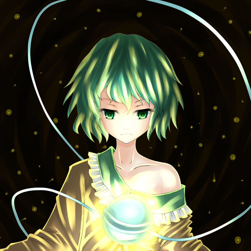 bare_shoulders collarbone commentary_request eyeball female gosledging green_eyes green_hair highres komeiji_koishi no_headwear off_shoulder short_hair solo symbol-shaped_pupils third_eye touhou upper_body