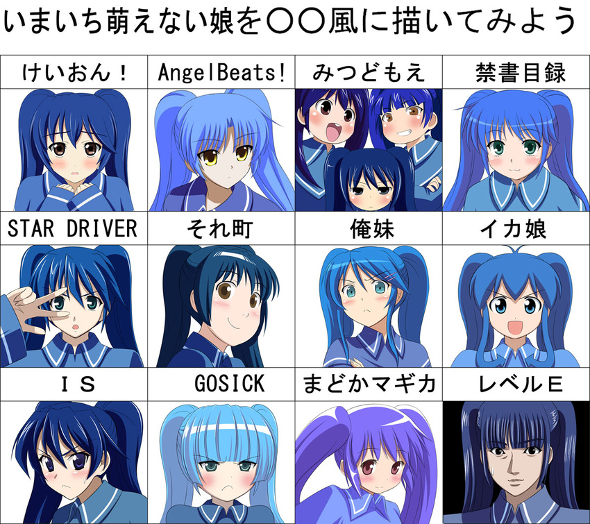 :< ahoge angel_beats! black_eyes blue_eyes blue_hair blunt_bangs brown_eyes commentary_request female gosick green_eyes imaichi_moenai_ko infinite_stratos k-on! kiraboshi_(star_driver) kishi_nisen kobe_shinbun level_e long_hair mahou_shoujo_madoka_magica mahou_shoujo_madoka_magica_(anime) meme mitsudomoe_(manga) ore_no_imouto_ga_konna_ni_kawaii_wake_ga_nai parody purple_hair school_uniform shinryaku!_ikamusume soredemo_machi_wa_mawatteiru star_driver style_parody toaru_majutsu_no_index translated twintails v_over_eye yellow_eyes