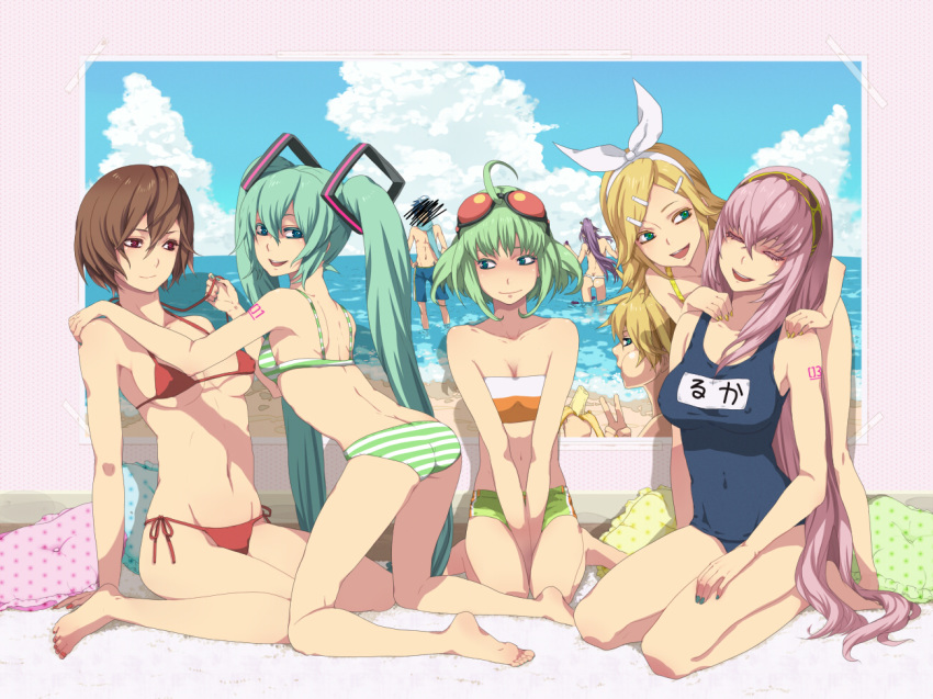 5girls ahoge banana barefoot beach between_thighs bikini colored_eyelashes eyelashes feet female food fruit fundoshi gakupo_kamui hatsune_miku kagamine_len kagamine_rin kaito_(vocaloid) kneeling male_with_painted_nails megpoid_gumi megurine_luka meiko micro_bikini multiple_boys multiple_girls nail_polish nayu one-piece_swimsuit panties photo_(object) pillow school_swimsuit seiza side-tie_bikini sitting soles swimsuit thighs tied_hair toenail_polish twintails underwear v v_arms vocaloid wariza yuri