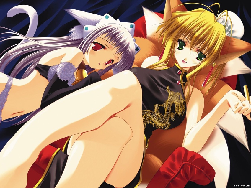 2girls animal_ears antenna_hair aoi_yuuji bare_shoulders bell blonde_hair blush bra breasts bun_cover cat_ears cat_tail china_dress chinese_clothes collar crossed_legs dress dutch_angle earrings elbow_gloves fox_ears fox_tail gloves green_eyes grey_hair jewelry kitsune kyuubi large_breasts lingerie multiple_girls multiple_tails neck_bell panties puni_puni_handmaid red_eyes sitting smile tail tamamo_(puni_puni_handmaid) underwear yui_(puni_puni_handmaid)