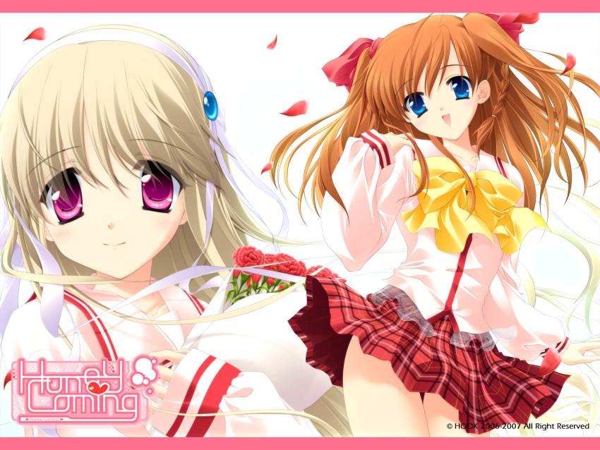 2girls blonde_hair blue_eyes bouquet bow braid clarissa_satsuki_maezono flower hair_ribbon highres honeycoming_royalsweet kamijou_asahi long_hair matsushita_makako multiple_girls orange_hair petals photoshop_(medium) pink_eyes plaid plaid_skirt rakko_(makarakko) ribbon school_uniform side_braid skirt smile wind