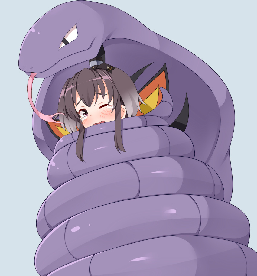 absurdres anchor_symbol arbok black_eyes black_hair blue_background blush bound brown_eyes commentary_request commission constriction crossover female forked_tongue grey_hair highres kantai_collection looking_at_viewer multicolored_hair nikku_(ra) one_eye_closed open_mouth pokemon pokemon_(creature) short_hair_with_long_locks simple_background skeb_commission tears tokitsukaze_(kancolle) tongue