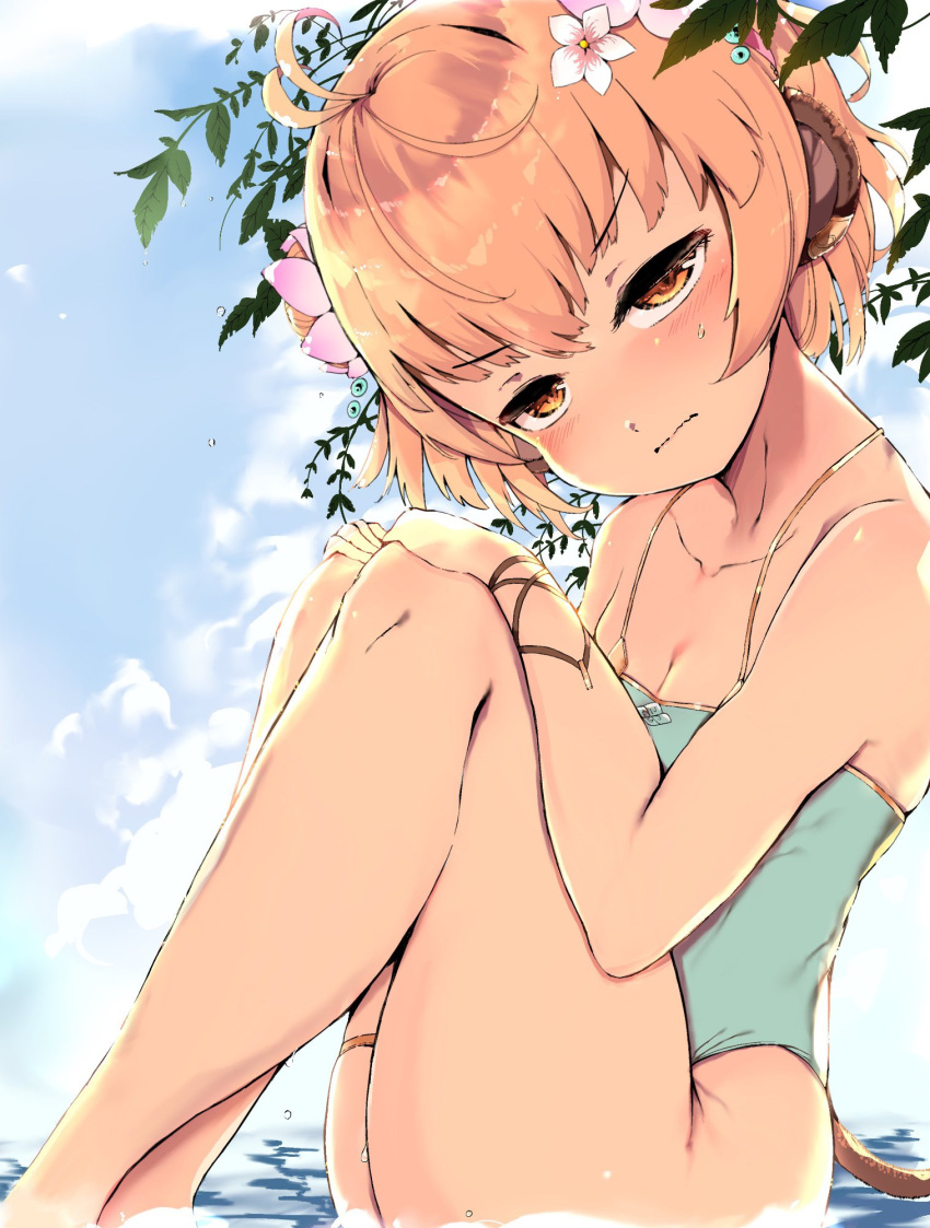 andira_(granblue_fantasy) andira_(summer)_(granblue_fantasy) animal_ears bare_arms bare_legs bare_shoulders barefoot blue_one-piece_swimsuit blush breasts brown_eyes brown_hair casual_one-piece_swimsuit cleavage closed_mouth collarbone commentary_request double_bun erune feet_out_of_frame female flower granblue_fantasy hair_bun hair_flower hair_ornament hands_on_own_knees hands_up head_tilt highres knees_up kyuu_(plastic_night_q) looking_at_viewer monkey_ears monkey_girl monkey_tail official_alternate_costume one-piece_swimsuit pink_flower sitting small_breasts solo swimsuit tail wavy_mouth white_flower