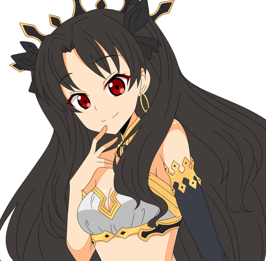 bad_id bad_pixiv_id bikini black_gloves black_hair black_headwear black_ribbon breasts cleavage closed_mouth commentary_request earrings elbow_gloves fate/grand_order fate_(series) female gloves hair_ribbon hand_to_own_mouth hoop_earrings ishtar_(fate) jewelry long_hair looking_at_viewer medium_breasts red_eyes ribbon simple_background single_glove smile solo swimsuit tanutika tiara two_side_up white_background white_bikini