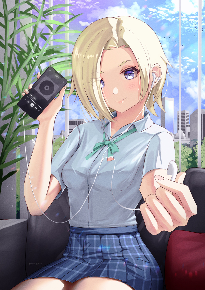 absurdres birthday blonde_hair breasts building cellphone cloud cloudy_sky commentary couch day earclip earphones eyes_visible_through_hair female highres indoors looking_at_viewer love_live! love_live!_nijigasaki_high_school_idol_club love_live!_school_idol_festival_all_stars mia_taylor nijigasaki_school_uniform notinversion phone plant purple_eyes school_uniform short_hair sitting sky small_breasts smartphone solo twitter_username