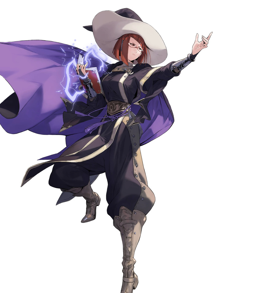 book boots breasts bridal_gauntlets brown_eyes brown_hair cape closed_mouth female fire_emblem fire_emblem_awakening fire_emblem_heroes full_body glasses hair_ornament hat highres hirooka_masaki holding holding_book knee_boots lightning long_sleeves looking_away medium_breasts miriel_(fire_emblem) non-web_source official_art pants pants_tucked_in pelvic_curtain semi-rimless_eyewear short_hair solo tied_hair transparent_background turtleneck wizard_hat