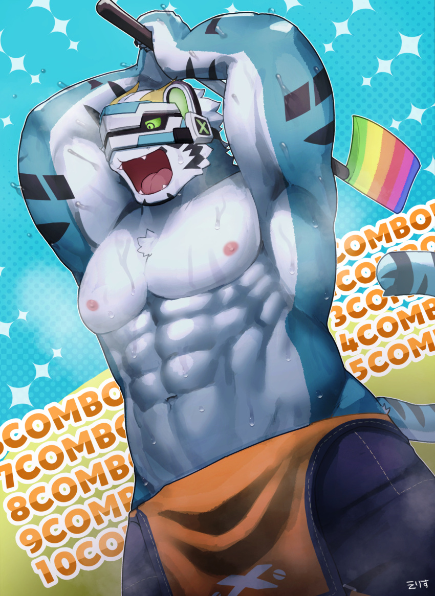 1boy :d abs aqua_fur armpits arms_up axe bara blue_overalls combo combo_counter erisu_(7575el) fangs furry furry_male helmet highres holding holding_axe large_pectorals lgbt_pride live_a_hero loincloth male_focus muscular muscular_male navel nipples official_alternate_costume overalls pectorals pelvic_curtain rainbow_gradient rexer_(live_a_hero) short_hair smile solo stomach sweat tiger_boy topless_male very_sweaty white_hair