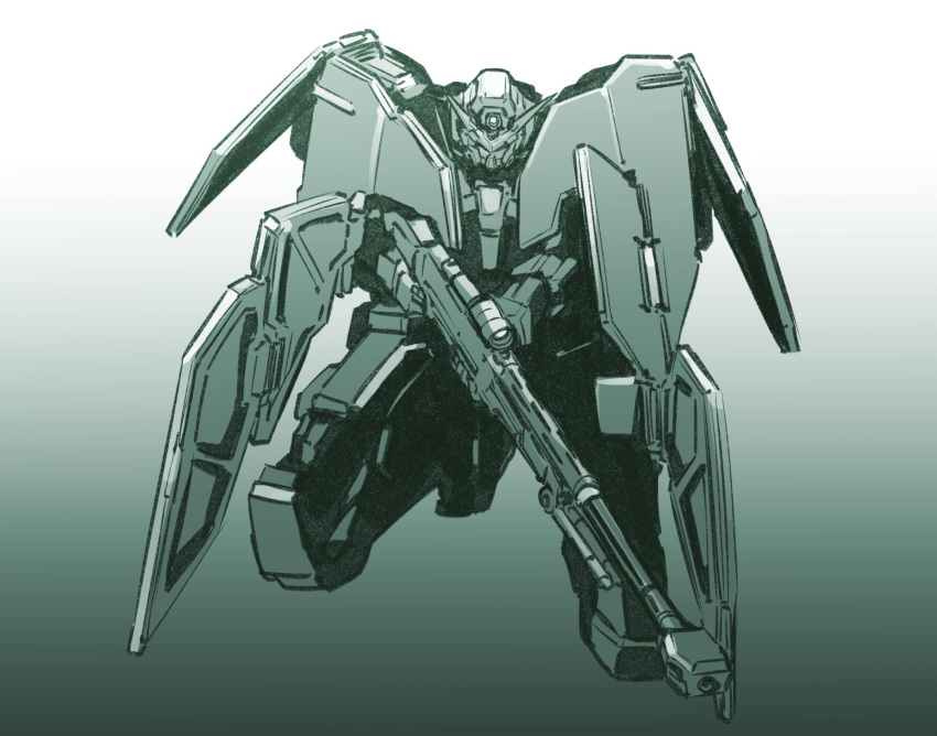 commentary english_commentary gradient_background greyscale gun gundam gundam_00 gundam_dynames highres holding holding_gun holding_weapon ishiyumi mecha mobile_suit monochrome no_humans on_one_knee robot science_fiction solo v-fin weapon