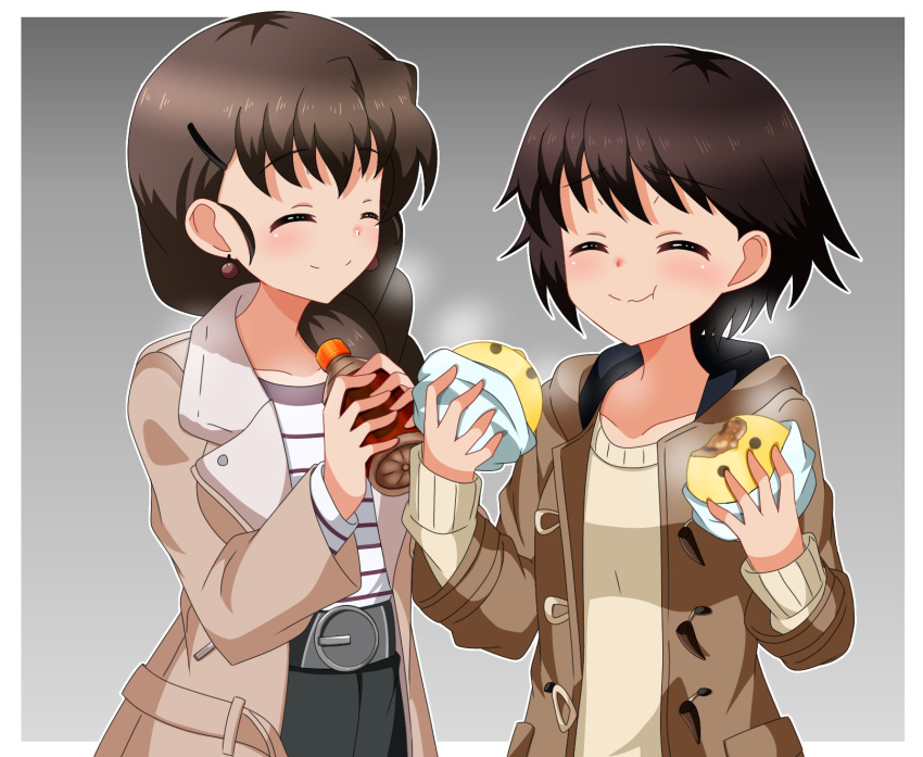 2girls :t bad_id bad_pixiv_id belt black_belt border bottle braid braided_ponytail brown_coat brown_hair casual closed_mouth coat commentary earrings eating facing_another food girls_und_panzer grey_background hair_ornament hair_over_shoulder hairclip highres holding holding_bottle holding_food isobe_noriko jewelry long_hair long_sleeves multiple_girls open_clothes open_coat outline outside_border rukuriri_(girls_und_panzer) shirt short_hair single_braid smile soda_bottle standing striped_clothes striped_shirt sweater swimsuit tanutika white_border white_outline white_shirt white_sweater